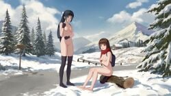 2girls absurdres backpack bag barefoot black_gloves black_hair black_socks blue_eyes blush breasts brown_hair cleft_of_venus commentary english_commentary exhibitionism feet gloves gu_ling_yu hair_ribbon highres house log long_hair looking_at_viewer medium_breasts mountain mountainous_horizon multiple_girls naked_scarf naked_school_attendance nipples nude original outdoors pussy ribbon scarf scenery sitting sitting_on_log smile snow snow_on_roof snow_on_tree socks soles stockings thigh_socks thighhighs tree zenra