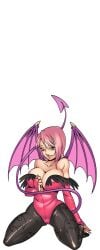 abraël bodysuit game harem_heroes hentai_heroes kinkoid leotard lilith_aensland naked naked_female official_art parody pink_hair presenting short_hair succubus tail wings