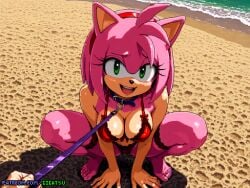 ai_generated amy_rose beach furry gigatsu leash_and_collar lingerie outdoors pixel_art sand sea seaside sex_slave sonic_(series) squatting