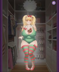 animated big_breasts blonde_female blonde_hair booty_calls bouncing_breasts breasts christmas christmas_outfit chubby chubby_belly chubby_female clothed curvy curvy_figure erect_nipples female gif nipple_bulge nipples nutaku thick thick_thighs thighs twintails vanessa_(booty_calls)