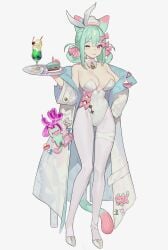 big_breasts bunny_girl bunnysuit cat_ears cat_humanoid cat_tail coat green_hair heart huge_breasts huge_thighs humanoid jewelry pink_eyes pink_hair ribbon smile thighs wink