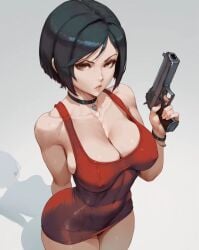 ada_wong ai_generated black_hair bracelet breasts brown_eyes choker dannyhandy dress gun holding_gun holding_object large_breasts light-skinned_female light_skin lips lipstick looking_at_viewer nipples nipples_visible_through_clothing red_dress resident_evil short_hair simple_background thick_thighs thighs white_background