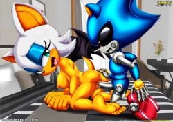 1boy 1girls ai_generated anthro anus ass ass_grab barefoot bbmbbf blush breasts feet female male male/female metal_sonic mobian_(species) mobius_unleashed nipples nude open_mouth palcomix penis pussy pussy_juice rouge_the_bat sega sex sonic_(series) sonic_the_hedgehog_(series) tongue vaginal vaginal_penetration vaginal_sex