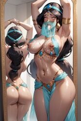 ahe_gao ai_generated aladdin aladdin_(1992_disney_film) big_breasts breasts breasts_out cum dancer_outfit disney disney_princess mirror nipple_piercing nipples princess_jasmine tongue_out