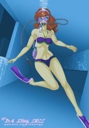 1girls bikini bikini_only blue_eyes daphne_blake dastigy female female_only fins flippers hanna-barbera orange_hair purple_bikini purple_bikini_only purple_eyes scooby-doo scuba scuba_fins scuba_gear scuba_mask scuba_tank signature solo solo_female solo_only text underwater warner_brothers