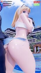 1boy 1girls 3d 3d_(artwork) ass ass_focus assjob big_ass big_breasts blender blonde_hair blue_eyes blue_hair breasts female female_focus glasses glasses_on_head highres hot_dogging izumi_shimizu leon_(misterorzo) light-skinned_female light-skinned_male light_skin male male/female misterorzo penis ponytail pool rabbit rabbit_ears shiny_skin shorts spicyorzo standing thick_thighs tied_hair underboob