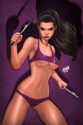 1female 1woman 2d belly_button black_hair black_hair_female breasts david_nakayama female knives knives_out_(2019) lips lipstick long_hair long_hair_female minibikini purple_bikini