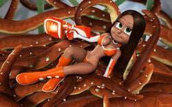 1girls 3d bare_shoulders big_breasts bikini bikini_bottom bikini_top boots brown_hair busty choker cleavage curvy detailed_background elbow_gloves english_text female female_only front_view gloves green_eyes gun high_heels holding_object hourglass_figure human indoors inside kondaspeter long_hair looking_at_viewer midriff orange_gloves pose posing room shadow shiny shiny_skin solo superheroine swimsuit tentacle text thong vivi_(kondaspeter) voluptuous weapon wide_hips