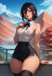 absurd_res ai_generated arm_support bangs bare_arms bare_shoulders black_choker black_hair black_ribbon black_shorts black_thighhighs blue_sky blush breasts chainsaw_man choker cloud collared_shirt covered_nipples cowboy_shot day female hair_between_eyes hair_bun high-waist_shorts highres lake looking_at_viewer medium_breasts mountain mountainous_horizon neck_ribbon neewai nipples no_bra outdoors parted_lips reze_(chainsaw_man) ribbon see-through shirt shirt_tucked_in short_hair short_shorts shorts single_hair_bun skindentation sky sleeveless sleeveless_shirt smile solo stable_diffusion standing teeth thick_thighs thighhighs thighs tree white_shirt yellow_eyes