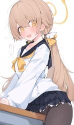 ... absurdres black_pantyhose black_skirt blonde_hair blue_archive blush bow bowtie commentary_request crotch_rub desk female female_masturbation hair_between_eyes halo hifumi_(blue_archive) highres long_hair long_sleeves looking_at_viewer low_twintails masturbation masturbation_through_clothes mikozin open_mouth pantyhose pussy_juice pussy_juice_drip_through_clothes school_desk school_uniform shirt simple_background skirt solo spoken_ellipsis surprised sweat table_humping twintails white_background white_shirt wing_hair_ornament yellow_bow yellow_bowtie yellow_eyes yellow_halo