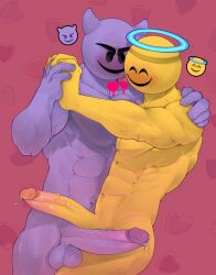 angel angel_emoji balls big_balls big_penis blush cum demon deuzion devil_emoji devious emoji emoji_(buff) emoji_(race) erect_penis erection gay hands_crossed heart heart_background hearts_around_head holding_hands imp large_penis lykansden male male/male male_only muscle muscular_male precum purple_body purple_penis shaved_crotch smiling stickman tagme veiny veiny_penis yellow_body yellow_penis