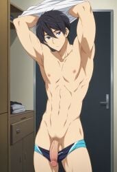 ai_art ai_assisted ai_generated armpits flaccid flaccid_penis free! gay male_focus nanase_haruka_(free!) solo_male taking_clothes_off underwear_around_legs underwear_down undressing