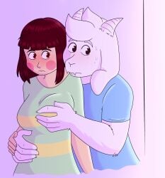 aged_up anthro_on_human asriel_dreemurr blush brown_hair chara groping_breasts groping_from_behind hiding light-skinned_female not_porn rainy_(artist) red_eyes sweatdrop undertale undertale_(series) white_fur