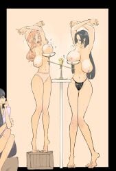 3girls armpits arms_up belly belly_button big_breasts big_nipples black_hair blush boa_hancock breasts clothing earrings feet female female_only light-skinned_female long_hair looking_at_viewer middlefing1111 nami nami_(one_piece) nico_robin nipples one_piece open_mouth panties red_eyes toes