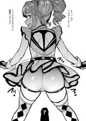 1boy ass back blank_censor blush censored female frilled_gloves frills from_behind gloves greyscale highres idolmaster idolmaster_(classic) idolmaster_stella_stage looking_at_viewer looking_back monochrome open_mouth penis producer_(idolmaster) shorts shoulder_blades simple_background solo_focus standing takatsuki_yayoi thighhighs top!_clover_(idolmaster) translation_request tsurui twintails white_background