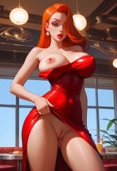 ai_generated erect_nipples flashing_pussy jessica_rabbit looking_at_viewer no_bra one_breast_out pussy ready_to_fuck red_dress red_hair red_lipstick thighs who_framed_roger_rabbit