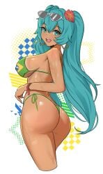 :d alternate_breast_size aqua_eyes aqua_hair ass bikini brazilian_flag brazilian_flag_bikini brazilian_flag_print brazilian_miku breasts covered_nipples cropped_legs dark-skinned_female dark_skin earrings eyewear_on_head female flag_print flower from_behind green_bikini hair_flower hair_ornament hatsune_miku highres jewelry large_breasts long_hair looking_at_viewer looking_back side-tie_bikini_bottom simple_background smile solo sunglasses sweat swimsuit tan tanlines thong thong_bikini twintails uzzy2801 very_long_hair vocaloid white-framed_eyewear white_background wristband