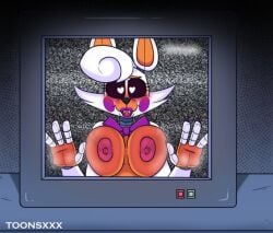 1990s_(style) against_glass breasts collar eyeshadow female gloves large_breasts looking_at_viewer nipples no_humans open_mouth short_hair smile solo tongue v white_hair