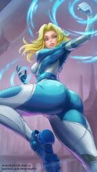 absurdres anarchyart ass blonde_hair blue_eyes bodysuit breasts covered_nipples energy fanbox_username fantastic_four female from_below frown highres long_hair looking_down marvel marvel_rivals paid_reward_available patreon_username skin_tight solo spider-man_(series) sue_storm superhero_costume teethtwisted_torso