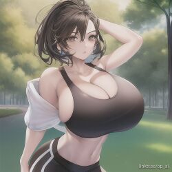 ai_generated brown_hair gigantic_breasts huge_breasts large_breasts op_ai outdoors sports_bra