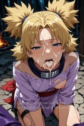 ai_assisted ai_generated ariavisions blonde_hair blue_eyes cum_in_mouth cum_on_face cumshot half-closed_eyes naruto one_breast_out quad_tails spiky_hair temari torn_clothes