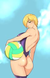 2d ass athletic athletic_female ball blonde_hair bubble_butt busty falke_(street_fighter) female female_focus female_only green_eyes hair_over_one_eye hourglass_figure lipstick makeup rear_view sideboob street_fighter street_fighter_v superboin tagme volleyball wide_hips