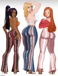 ass ass_focus beghast big_ass bleach bleach:_the_thousand-year_blood_war blonde_hair curvy dark-skinned_female dark_skin flare_pants forbidden_pants group high_heels high_resolution highres hourglass_figure inoue_orihime light-skinned_female looking_at_viewer looking_back matsumoto_rangiku multiple_girls purple_hair red_hair red_hair shihouin_yoruichi thick_thighs