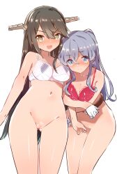 2girls bikini bikini_top blue_eyes blue_hair blush blush_lines bottomless breasts brown_hair decensored female female_focus female_only gotland_(kantai_collection) haruna_(kantai_collection) kantai_collection looking_at_viewer medium_breasts multiple_girls pussy thighs unknown_artist white_background yellow_eyes