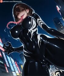 ai_generated bodysuit claws female kasumi_haruno_(netosis) large_breasts long_tongue looking_at_viewer marvel monster_girl oktobersky parasite pussy_through_clothing saliva solo solo_female superhero_costume tentacle venom_(marvel)