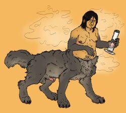 absurd_res animal_genitalia animal_penis balls becoming_erect body_hair bong canid canid_taur canine canine_genitalia canine_penis canine_taur canis digital_media_(artwork) drugs facial_hair fur genitals grey_body grey_fur hair hi_res intersex male mammal mammal_taur marijuana moobs nipples nude oshaviolation oslo_(oshaviolation) paws penis penis_tip sheath slightly_chubby smile smoke smoking solo tail taur trans_(lore) wolf wolf_taur