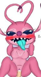 alien angel_(lilo_and_stitch) antennae_(anatomy) antennae_markings anthro blue_eyes bodily_fluids chest_markings cum cum_inside disney drakenfly duo female fingers from_front_position fur genital_fluids genitals hi_res humanoid_genitalia humanoid_penis lilo_and_stitch lying male male/female markings missionary_position on_back open_mouth penetration penis pink_body purple_nose pussy saliva sex simple_background teeth tongue tongue_out vaginal_penetration vaginal_penetration