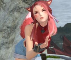 cat_ears catgirl choker collar final_fantasy_xiv inviting_to_sex miqo'te pale-skinned_female petite_female rape_play red_hair smug_face teasing