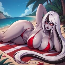 ai_generated beach bikini carmilla_carmine cleavage curvy_figure demon hazbin_hotel huge_breasts inky_bias looking_at_viewer milf posing_for_the_viewer red_eyes sfw summer thick_thighs white_hair wide_hips