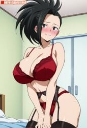 ai_generated big_ass big_breasts big_thighs black_hair boku_no_hero_academia embarrassed female female_focus lingerie looking_at_viewer momo_yaoyorozu my_hero_academia posing red_lingerie thighs yaoyorozu_momo