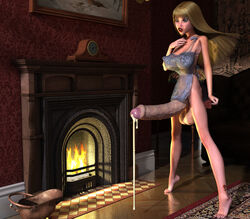 1futa 3d balls big_penis blonde_hair erection fireplace futanari grendel hyper_penis intersex precum solo_futa standing veiny_penis