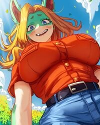 1girls animal_ears belt blonde_hair blue_eyes blush breasts clothed cute_fangs day female from_below furry furry_female green_skin huge_breasts ippan_josei jeans looking_at_viewer my_hero_academia pov red_shirt shirt smile snout solo tall_female taller_girl two-tone_skin upper_teeth vlizz