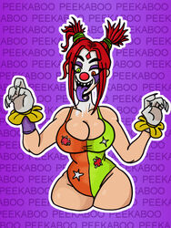 1girls big_breasts breasts cleavage clown clown_makeup clown_nose epic_games eyeshadow face_paint facepaint flower fortnite gloves halloween leotard log_draws long_tongue messy_hair one-piece_swimsuit peekaboo_(fortnite) sharp_teeth simple_background spooky tagme twintails voluptuous white_gloves wide_hips