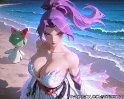 ai_generated beach marvel marvel_comics marvel_girl marvel_rivals night ocean pokemon pokemon_(species) psylocke psylocke_(marvel_rivals) purple_eyes purple_hair ralts sand x-men