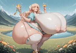 1girls ai_generated ass big_lips blonde_hair breasts breasts_bigger_than_head butt_bigger_than_body butt_bigger_than_head butt_bigger_than_torso clothed cowbell day female_focus flower gigantic_breasts huge_ass huge_breasts huge_butt hyper hyper_ass hyper_breasts hyper_butt isometria lara_(maplestory) large_ass large_breasts large_nipples lips long_hair looking_at_viewer maplestory massive_ass massive_breasts massive_butt mountain nipple_bulge outdoors overflowing_breasts pleated_skirt pond sheep_ears sheep_girl sheep_horns smile solo_female staff thick_thighs thighs tight_clothing yellow_eyes