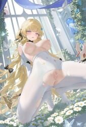 absurdres alternate_costume bird black_bow blonde_hair blush bodysuit bodysuit_pull bow breasts breasts_out censored check_clothing closed_mouth clothing_request commentary covered_navel female hair_ornament hairbow haku89 highres holding holding_behind_back holding_staff indoors large_breasts long_hair looking_at_viewer nimbus_wraith_(wuthering_waves) nipples no_panties no_shoes paid_reward_available phoebe_(wuthering_waves) purple_eyes pussy scribble_censor solo spread_legs squatting staff symbol-only_commentary tacet_discord_(wuthering_waves) tacet_mark_(wuthering_waves) torn_bodysuit torn_clothes very_long_hair white_bird white_bodysuit wuthering_waves x_hair_ornament