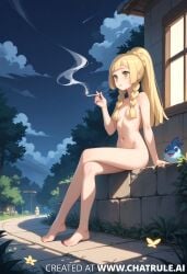 ai_generated bird breasts cigarette covered_nipples feet hair_covering_breasts legs_crossed lillie_(pokemon) lv99slime medium_breasts naked naked_female naked_outside night night_sky nipples nude nude_female pokemon public_nudity smoke smoking smoking_cigarette toes