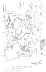 1woman 2d belly_button breasts caramel christmas coockie coockies dean_yeagle english_text long_hair_female milk monochrome parody_porn santa_claus santa_costume sketch