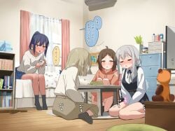 4girls between_legs blush breasts brown_hair commentary_request curtains hand_between_legs highres indoors large_variant_set lemontyoisy_r18 multiple_girls original paid_reward_available ponytail shirt shorts sitting small_breasts socks speech_bubble translation_request variant_set white_shirt
