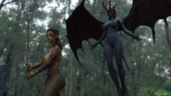 3d baldur's_gate_3 blue_skin blue_skinned_female demon_girl durabo green_skin green_skinned_female horns lae'zel mizora nude nude_female pointy_ears sword tail topless topless_female weapon wings