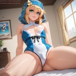 1boy ai_generated artist_name blonde_hair bridget bulge colored digital_media_(artwork) femboy femboy_only front_view guilty_gear legs_apart penis psyopsai short_hair small_penis solo solo_focus spread_legs spreading uncensored watermark