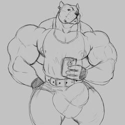 1boy big_bulge big_pecs bulge canine cellphone ear_piercing huge_bulge huge_pecs kosmonius male male_only mammal manly muscular muscular_male pecs phone piercing pitbull solo