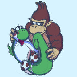 1boy 1girls anthro belly birth blue_background bulge caring dk donkey_kong donkey_kong_(series) drooling duo egg egg_laying eye_contact female feral fish looking_at_another lying male marine mario_(series) nintendo pregnant pussy saliva sea_monkey seahorse simple_background video_games white_background yoshi