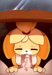 2018 animal_crossing animated anthro breasts canine closed_eyes deepthroat duo erection eto_ya fellatio female female_focus furry highres human human_on_anthro interspecies isabelle_(animal_crossing) loop male male_on_anthro male_pov mammal nintendo nipples oral oral_sex penis pov saliva sex shih_tzu solo_focus straight testicles under_the_table vein veiny_penis