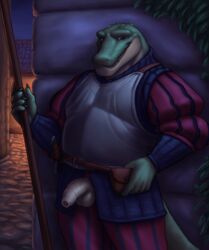 1boy alligator anthro armor balls clothed clothing crocodilian looking_at_viewer male male_only medieval melee_weapon noodlewd outside penis reptile scalie solo solo_focus sword uncut weapon