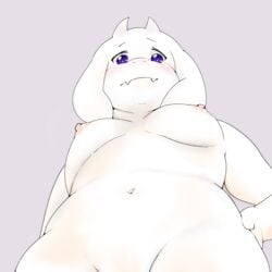 2018 absurd_res anthro areola breasts caprine ekubo female fur goat half-length_portrait hand_on_hip hi_res horn looking_at_viewer looking_down low-angle_view mammal navel nipples nude portrait purple_eyes simple_background solo toriel undertale video_games white_fur